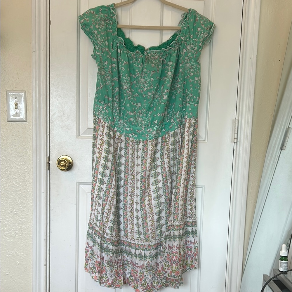 eShakti Green and White Flutter Sleeve Maxi Dress